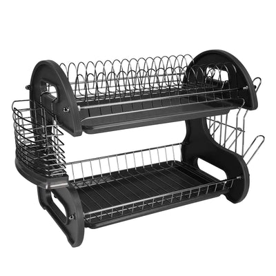 Home Basics Plastic 2-Tier Dish Drainer Rack Air Drying and Organizing Dishes Side Mounted Cutlery Holder Black
