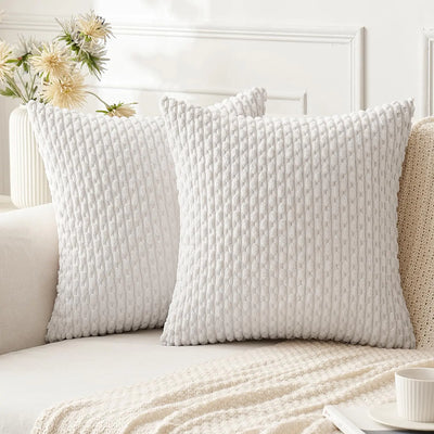 ANRODUO Pack of 2 White Pillow Covers Decorative Throw Pillows 18x18 Inch for Couch Bed Living Room Soft Corduroy Striped Square Cushion Covers Throw Pillows Rustic Farmhouse Boho Spring Home Decor