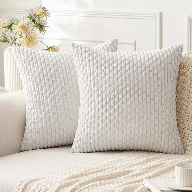 ANRODUO Pack of 2 White Pillow Covers Decorative Throw Pillows 18x18 Inch for Couch Bed Living Room Soft Corduroy Striped Square Cushion Covers Throw Pillows Rustic Farmhouse Boho Spring Home Decor