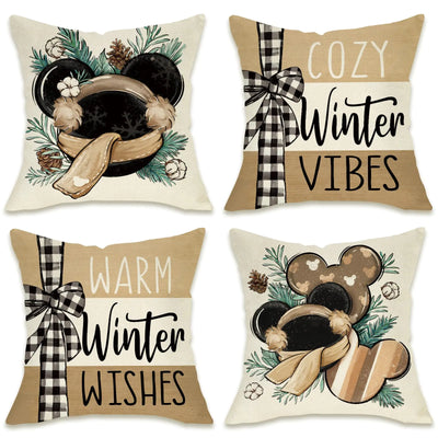Fahrendom Warm Winter Wishes Decorative Throw Pillow Covers 16 x 16 Set of 4 Cozy Vibes Pine Needle Farmhouse Outdoor Pillowcase Seasonal Christmas Holiday Cushion Case Home Decor