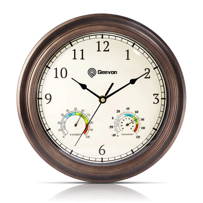 Geevon 12" Vintage Wall Clock Non Ticking with Hygrometer and Thermometer ComboBattery Operated Quartz Decorative Wall Clocks for HomeLiving RoomOfficeClassroomKitchenBedroom Decor
