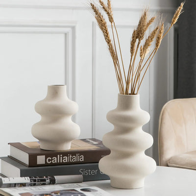 Mowtanco Ceramic Vase Set of 2 Off White Boho Vase for Modern Home Decor Round Vases for Dried Flower Pampas Grass Pottery Vases for Office Centerpieces Wedding Dinner Table