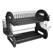 Home Basics Plastic 2-Tier Dish Drainer Rack Air Drying and Organizing Dishes Side Mounted Cutlery Holder Black
