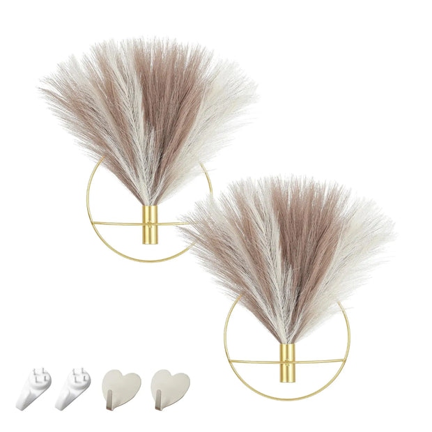 Pretty Jolly Boho Wall Decor Wall-Mounted Metal Wall Decor Hanging Artificial Pampas Display Wall Art Living Room Bedroom Bathroom Dining room Plant Wall Decor 2 PackBeigeCoffeeGold