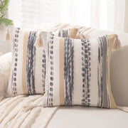 WANLIRD Boho Throw Pillow Covers 18x18 Set of 2 Woven Tufted Farmhouse Pillows Cover with Tassels Textured Striped Cushion Case Neutral Pillow Cases Decorative Pillowcase for Sofa Couch BedGrey