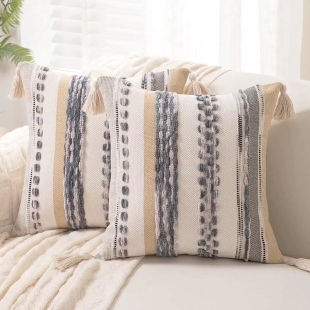WANLIRD Boho Throw Pillow Covers 18x18 Set of 2 Woven Tufted Farmhouse Pillows Cover with Tassels Textured Striped Cushion Case Neutral Pillow Cases Decorative Pillowcase for Sofa Couch BedGrey
