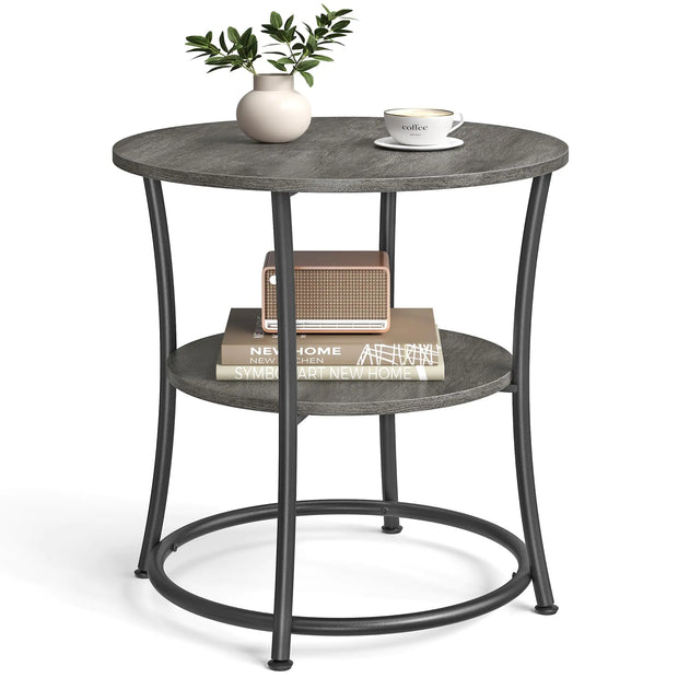 VASAGLE Side Table Round End Table with 2 Storage Shelves for Living Room Bedroom Nightstand with Steel Frame for Small Spaces Accent Coffee Table Misty Gray and Ink Black