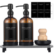 NEECZS Kitchen Soap Dispenser Set with Instant Dry Tray16 Oz Hand and Dish Soap Amber Glass Dispenser SetStainless Steel PumpWaterproof Labels&Dish BrushLuxury Soap Bottle for KitchenBathroom
