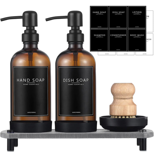 NEECZS Kitchen Soap Dispenser Set with Instant Dry Tray16 Oz Hand and Dish Soap Amber Glass Dispenser SetStainless Steel PumpWaterproof Labels&Dish BrushLuxury Soap Bottle for KitchenBathroom