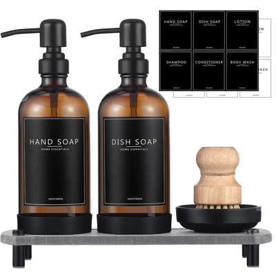 NEECZS Kitchen Soap Dispenser Set with Instant Dry Tray16 Oz Hand and Dish Soap Amber Glass Dispenser SetStainless Steel PumpWaterproof Labels&Dish BrushLuxury Soap Bottle for KitchenBathroom