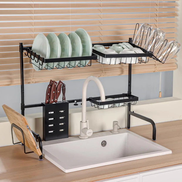 Homnso Over Sink Dish Drying Rack2 Tier Dish Rack with Utensil HolderExpandable Dish Drainer Shelf Rack for Kitchen Counter with Adjustable Length (26.8" to 34.6")LargeSteelBlack