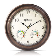 Geevon 12" Vintage Wall Clock Non Ticking with Hygrometer and Thermometer ComboBattery Operated Quartz Decorative Wall Clocks for HomeLiving RoomOfficeClassroomKitchenBedroom Decor